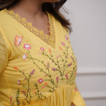 Yellow Pure Cotton Kurta and Pants With Dupatta | For Women