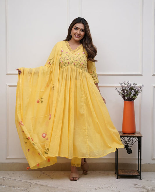 Yellow Pure Cotton Kurta and Pants With Dupatta | For Women