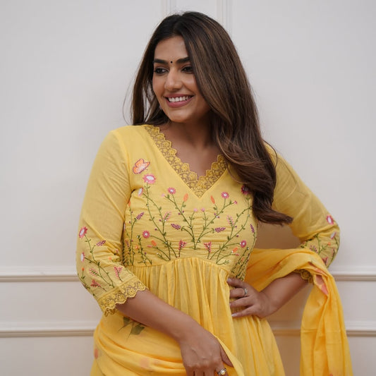 Yellow Pure Cotton Kurta and Pants With Dupatta | For Women