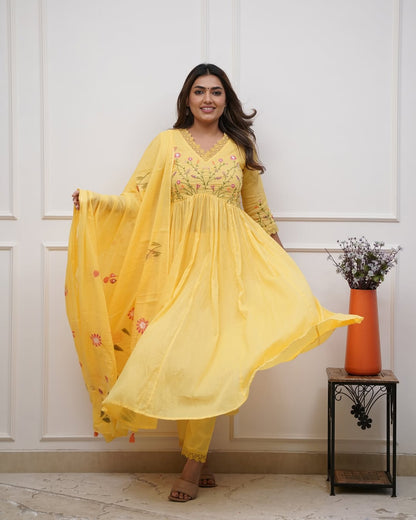Yellow Pure Cotton Kurta and Pants With Dupatta | For Women