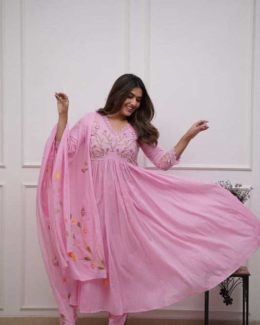 Pink Pure Cotton Kurta and Pants With Dupatta | For Women