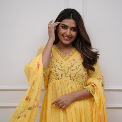 Yellow Pure Cotton Kurta and Pants With Dupatta | For Women