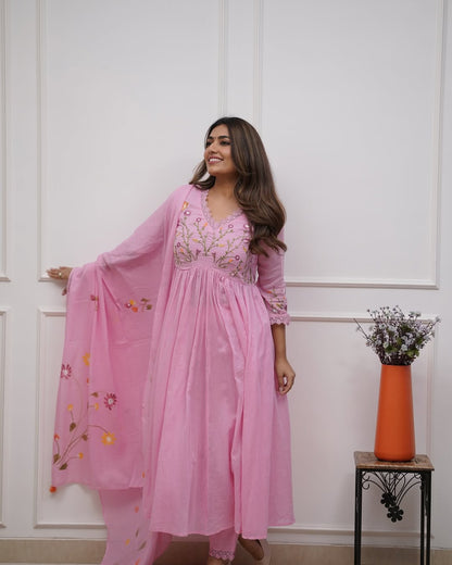 Pink Pure Cotton Kurta and Pants With Dupatta | For Women