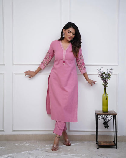 Jaipur Kurta monochrome cotton pant set with Embriodrary detailing in sleeves and neck