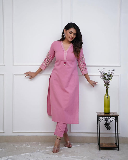 Jaipur Kurta monochrome cotton pant set with Embriodrary detailing in sleeves and neck