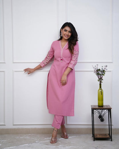 Jaipur Kurta monochrome cotton pant set with Embriodrary detailing in sleeves and neck