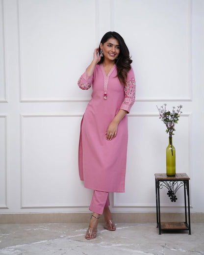 Jaipur Kurta monochrome cotton pant set with Embriodrary detailing in sleeves and neck