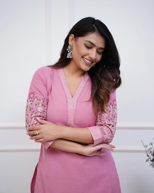 Jaipur Kurta monochrome cotton pant set with Embriodrary detailing in sleeves and neck
