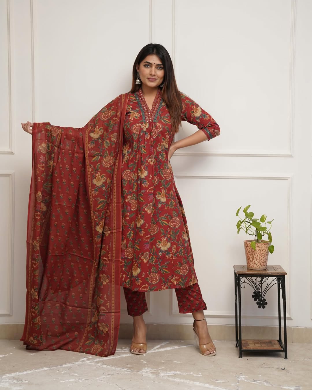 Jaipur Kurta Look beautiful in our new mul@cotton duppata pant set with embroidery detailing on neck and sleves