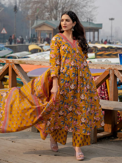 Yellow Cotton Printed Kurta and Pant With Cotton Mulmul Dupatta For Women