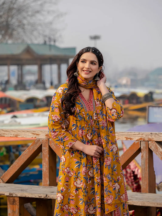 Yellow Cotton Printed Kurta and Pant With Cotton Mulmul Dupatta For Women