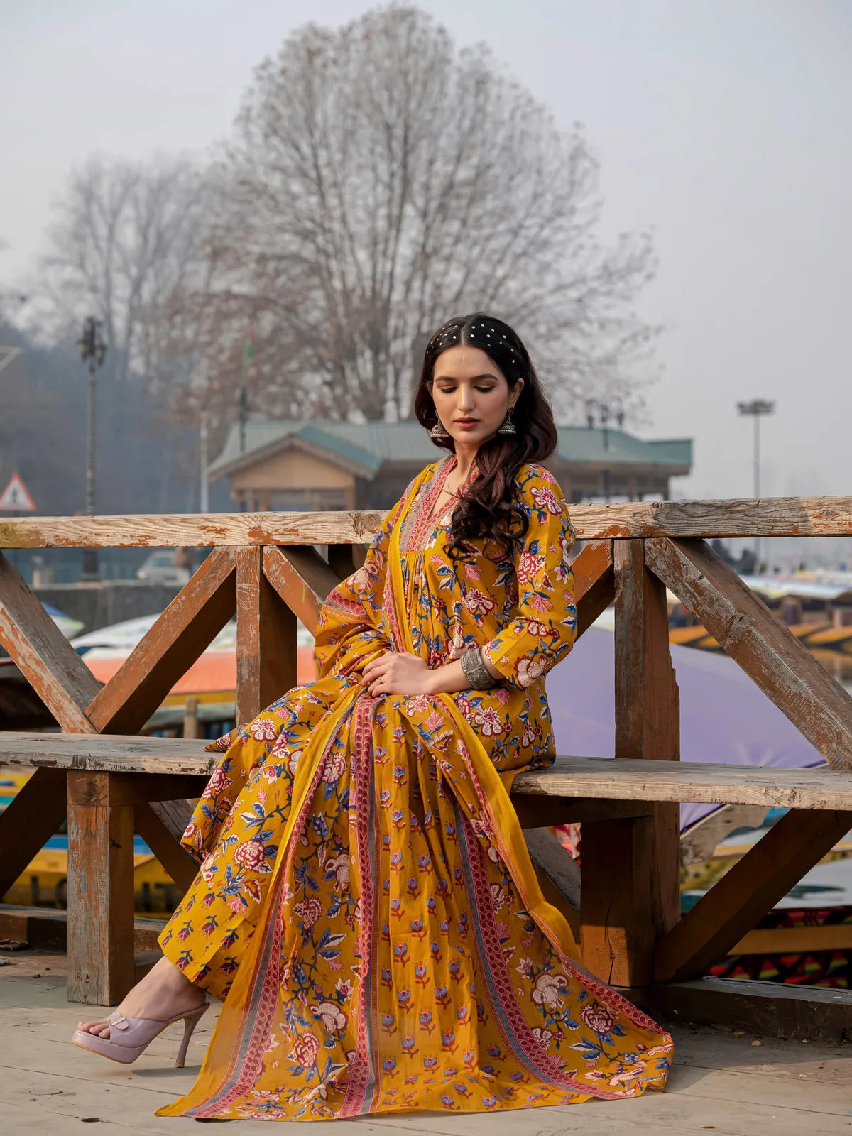 Yellow Cotton Printed Kurta and Pant With Cotton Mulmul Dupatta For Women