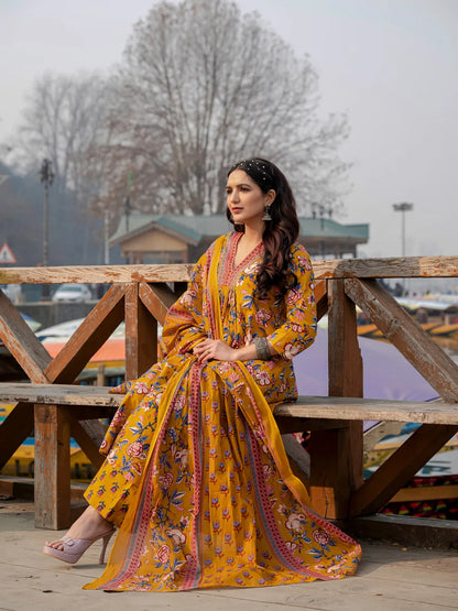 Yellow Cotton Printed Kurta and Pant With Cotton Mulmul Dupatta For Women