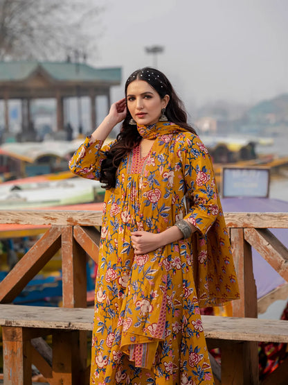 Yellow Cotton Printed Kurta and Pant With Cotton Mulmul Dupatta For Women