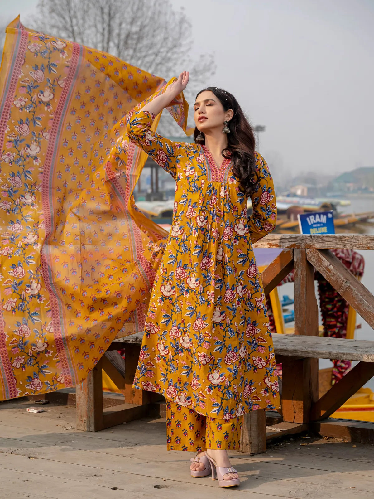 Yellow Cotton Printed Kurta and Pant With Cotton Mulmul Dupatta For Women