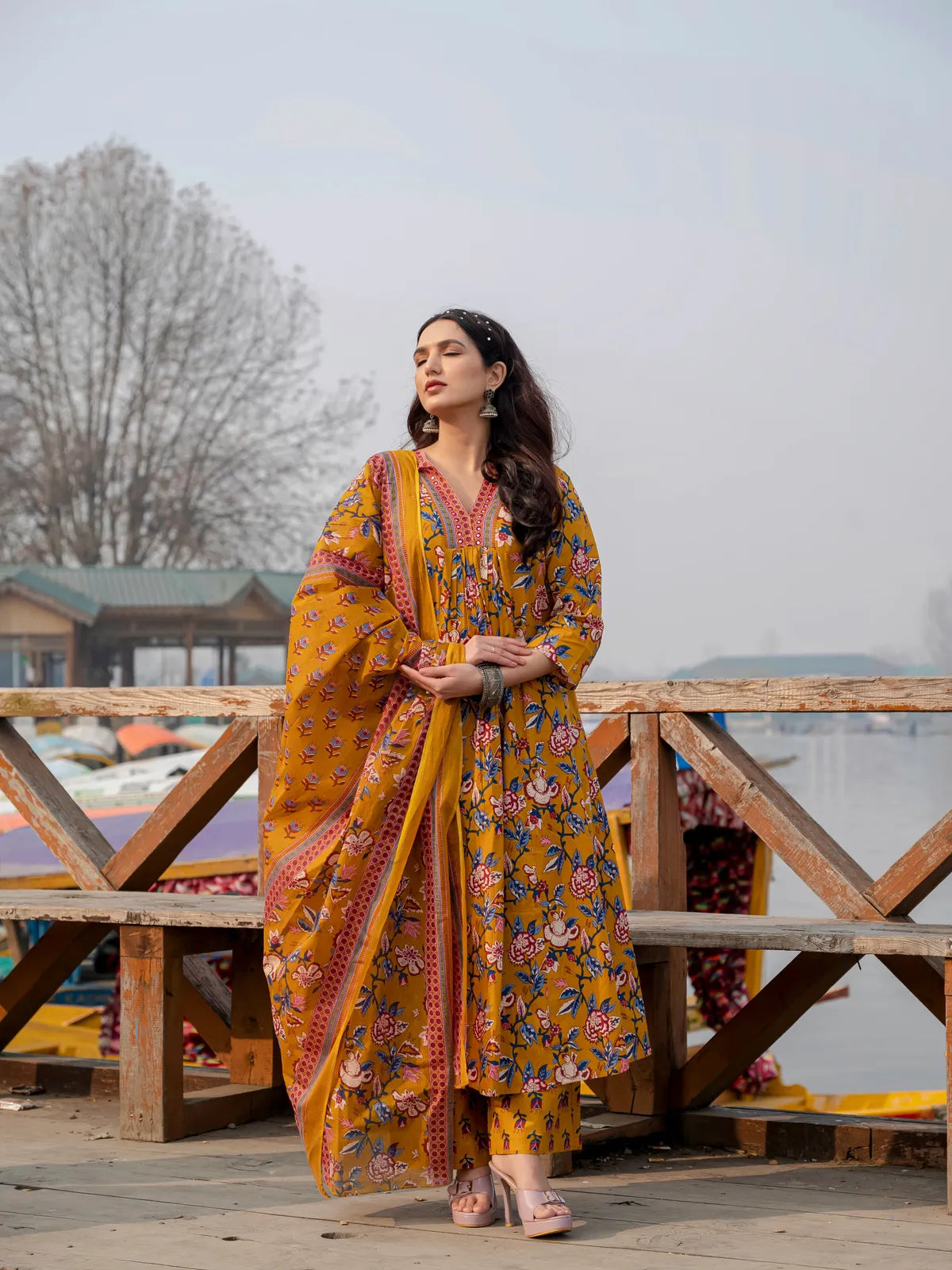 Yellow Cotton Printed Kurta and Pant With Cotton Mulmul Dupatta For Women