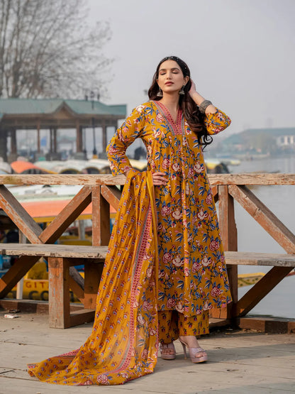 Yellow Cotton Printed Kurta and Pant With Cotton Mulmul Dupatta For Women