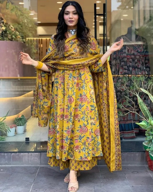 Jaipur Kurta Yellow Cotton Printed Kurta and Pant With Cotton Mulmul Dupatta For Women