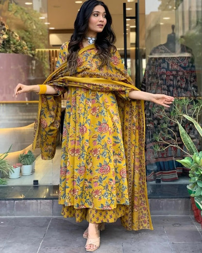 Jaipur Kurta Yellow Cotton Printed Kurta and Pant With Cotton Mulmul Dupatta For Women
