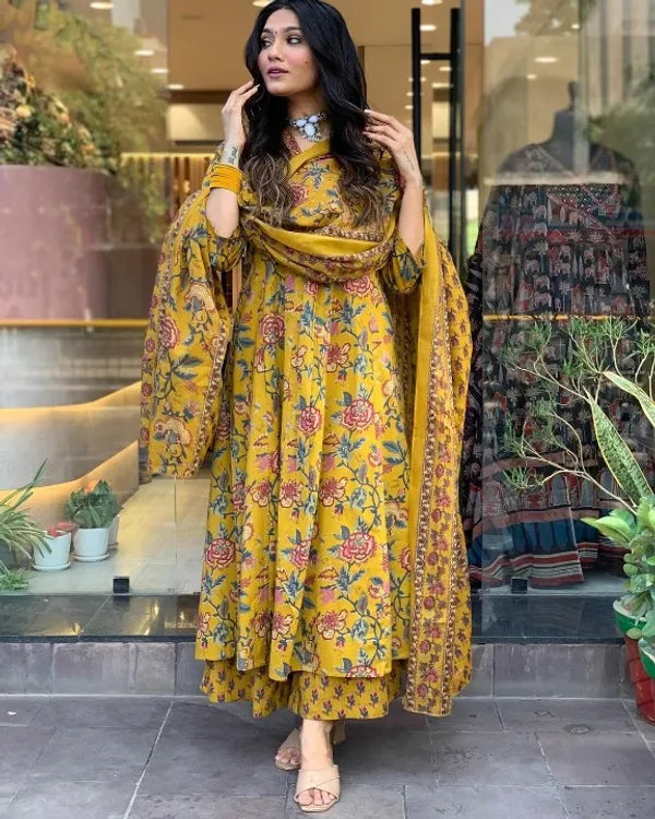 Jaipur Kurta Yellow Cotton Printed Kurta and Pant With Cotton Mulmul Dupatta For Women