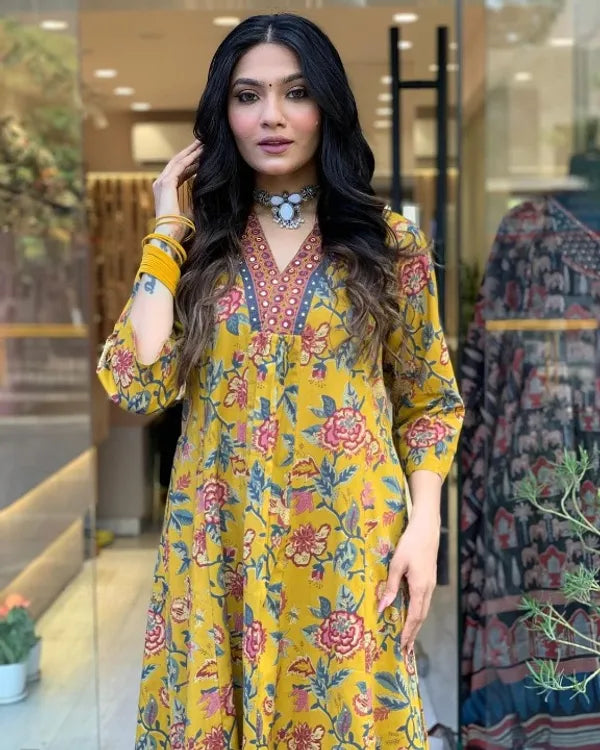 Jaipur Kurta Yellow Cotton Printed Kurta and Pant With Cotton Mulmul Dupatta For Women