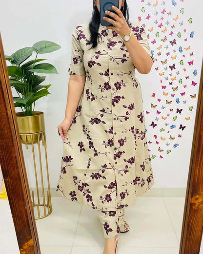 Jaipur Kurta Cream Pure Cotton Printed Kurta And Pants For Women