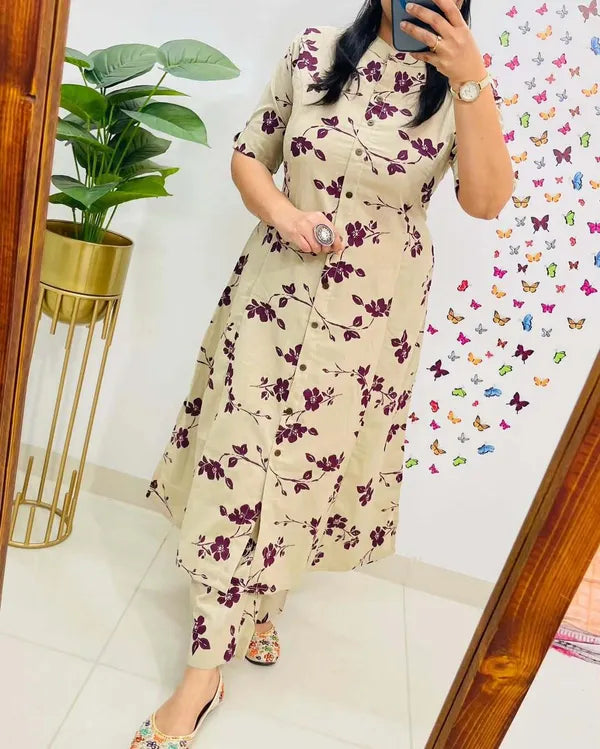 Jaipur Kurta Cream Pure Cotton Printed Kurta And Pants For Women