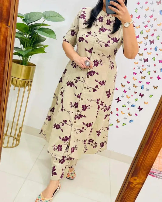 Jaipur Kurta Cream Pure Cotton Printed Kurta And Pants For Women