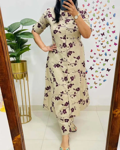 Jaipur Kurta Cream Pure Cotton Printed Kurta And Pants For Women