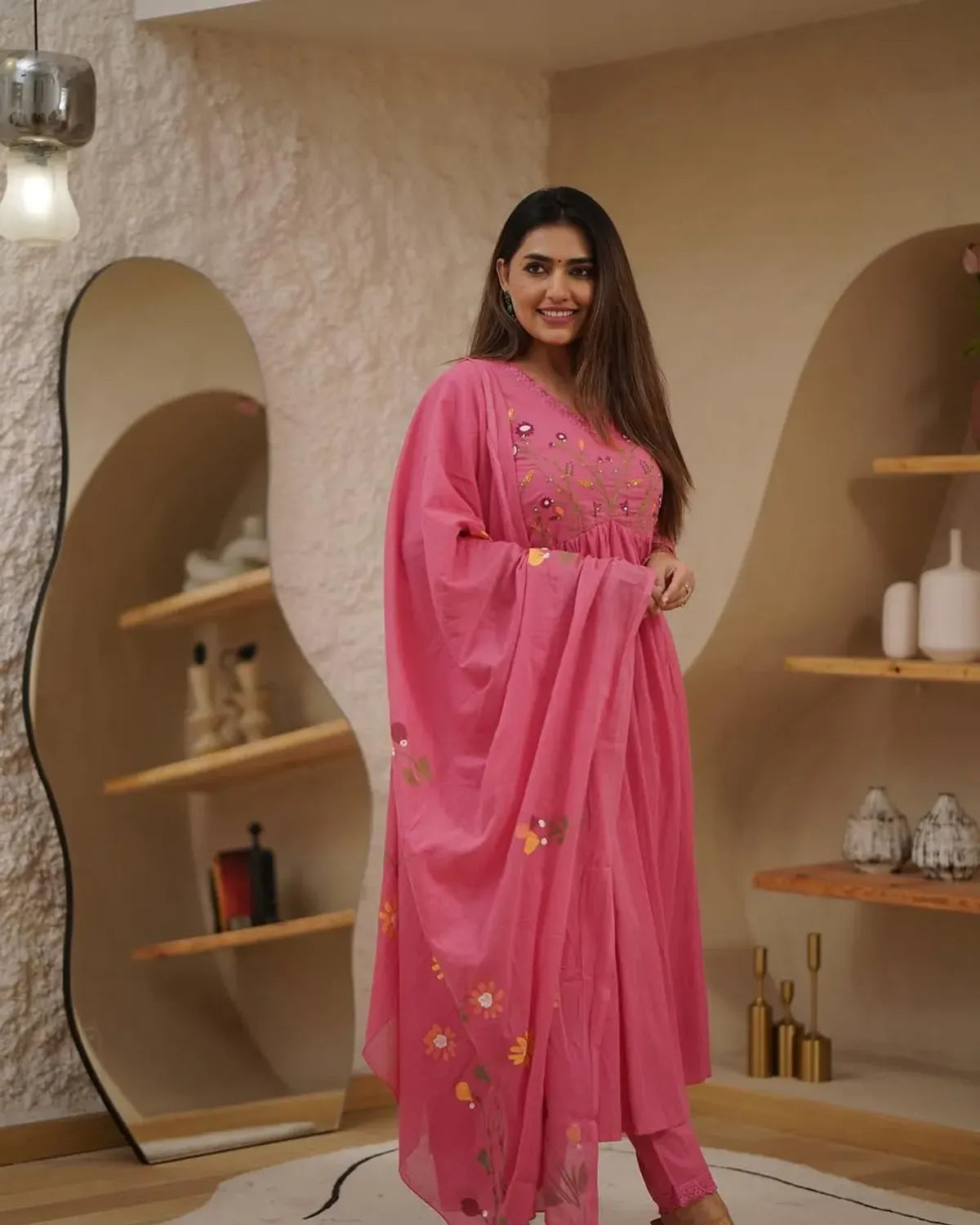 Peach Pure Cotton Kurta and Pants With Dupatta For Women