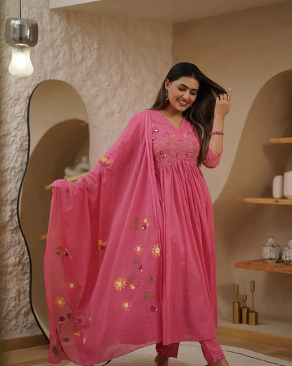 Peach Pure Cotton Kurta and Pants With Dupatta For Women