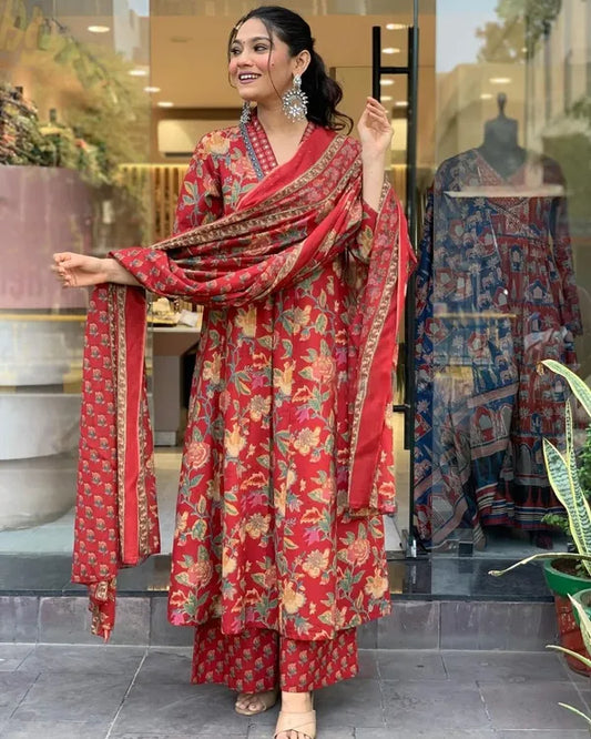 Jaipur Kurta Red Cotton Printed Kurta and Pant With Cotton Mulmul Dupatta For Women