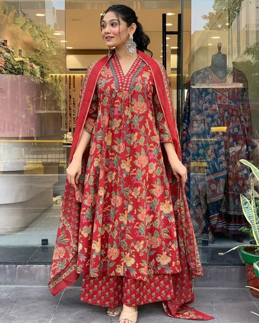 Jaipur Kurta Red Cotton Printed Kurta and Pant With Cotton Mulmul Dupatta For Women