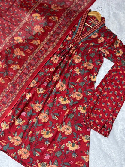 Jaipur Kurta Red Cotton Printed Kurta and Pant With Cotton Mulmul Dupatta For Women