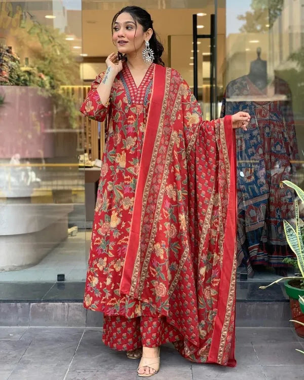 Jaipur Kurta Red Cotton Printed Kurta and Pant With Cotton Mulmul Dupatta For Women