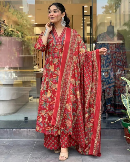 Jaipur Kurta Red Cotton Printed Kurta and Pant With Cotton Mulmul Dupatta For Women
