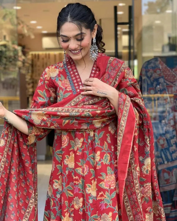 Jaipur Kurta Red Cotton Printed Kurta and Pant With Cotton Mulmul Dupatta For Women