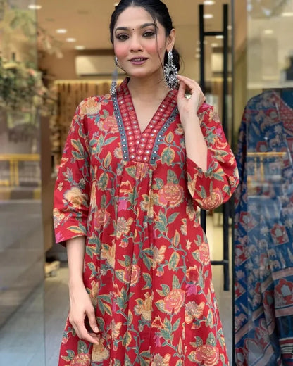 Jaipur Kurta Red Cotton Printed Kurta and Pant With Cotton Mulmul Dupatta For Women