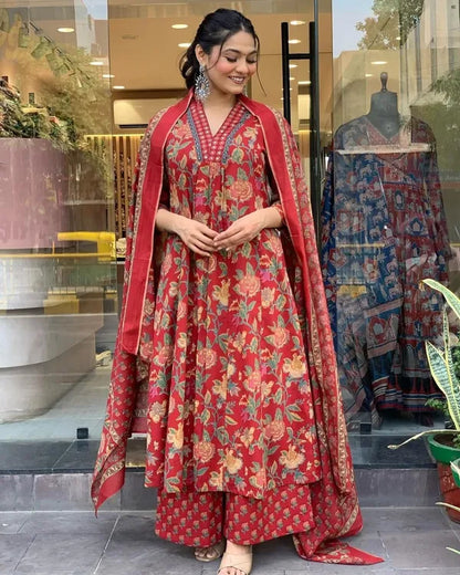 Jaipur Kurta Red Cotton Printed Kurta and Pant With Cotton Mulmul Dupatta For Women