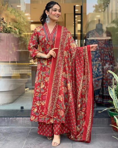 Jaipur Kurta Red Cotton Printed Kurta and Pant With Cotton Mulmul Dupatta For Women