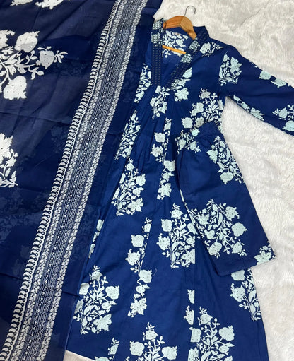Jaipur Kurta Blue Cotton Printed Kurta And Pant With Mulmul Dupatta For Women