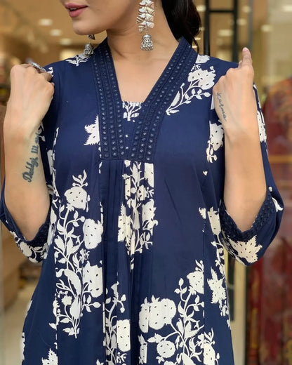 Jaipur Kurta Blue Cotton Printed Kurta And Pant With Mulmul Dupatta For Women
