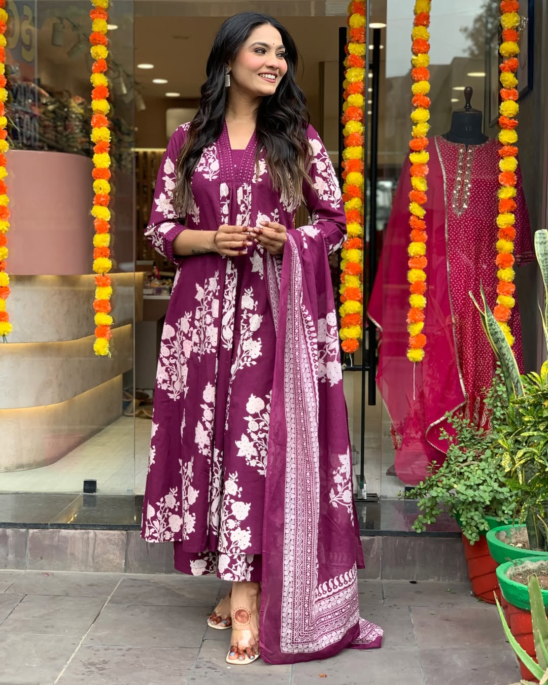 Jaipur Kurta Purple Cotton Printed Kurta And Pant With Mulmul Dupatta | For Women
