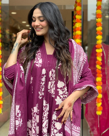 Jaipur Kurta Purple Cotton Printed Kurta And Pant With Mulmul Dupatta | For Women