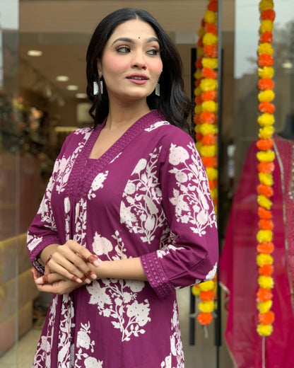 Jaipur Kurta Purple Cotton Printed Kurta And Pant With Mulmul Dupatta | For Women