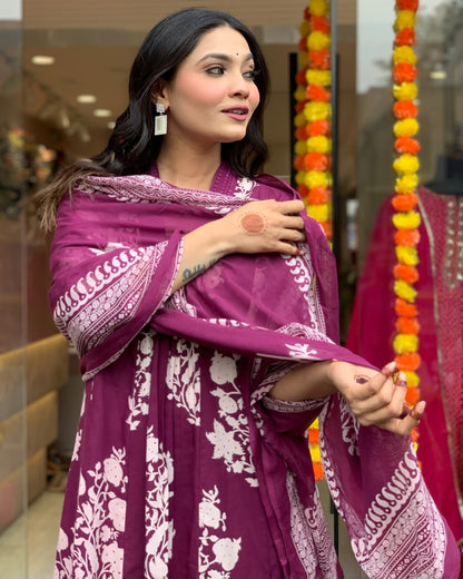 Jaipur Kurta Purple Cotton Printed Kurta And Pant With Mulmul Dupatta | For Women