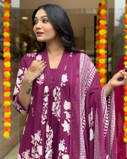 Jaipur Kurta Purple Cotton Printed Kurta And Pant With Mulmul Dupatta | For Women