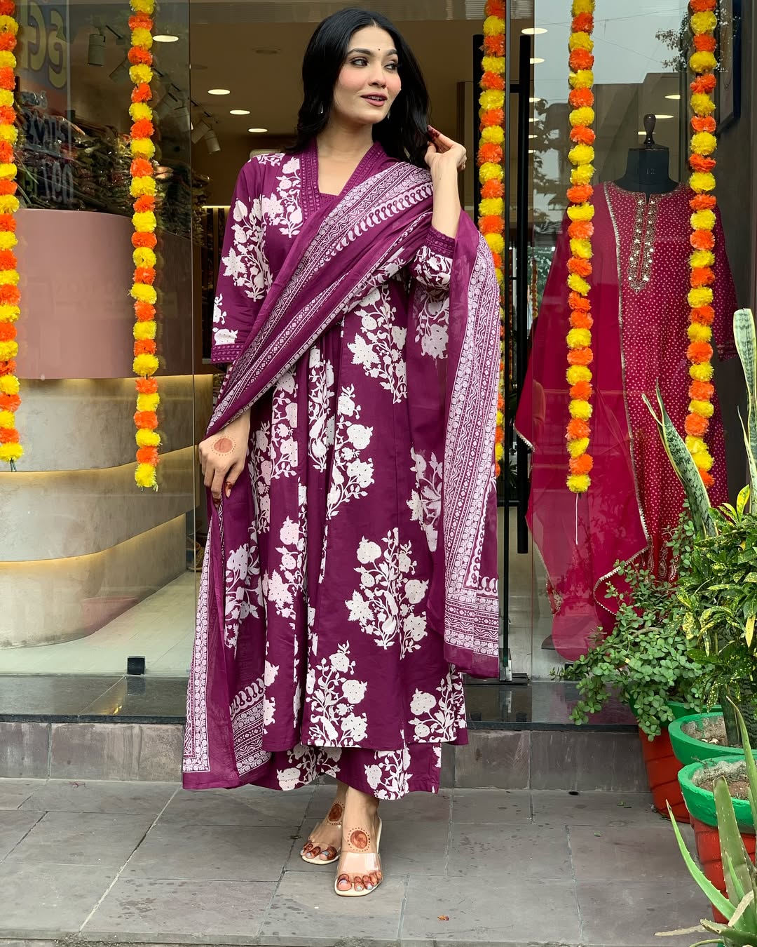 Jaipur Kurta Purple Cotton Printed Kurta And Pant With Mulmul Dupatta | For Women