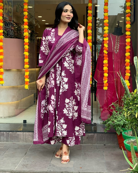 Jaipur Kurta Purple Cotton Printed Kurta And Pant With Mulmul Dupatta | For Women
