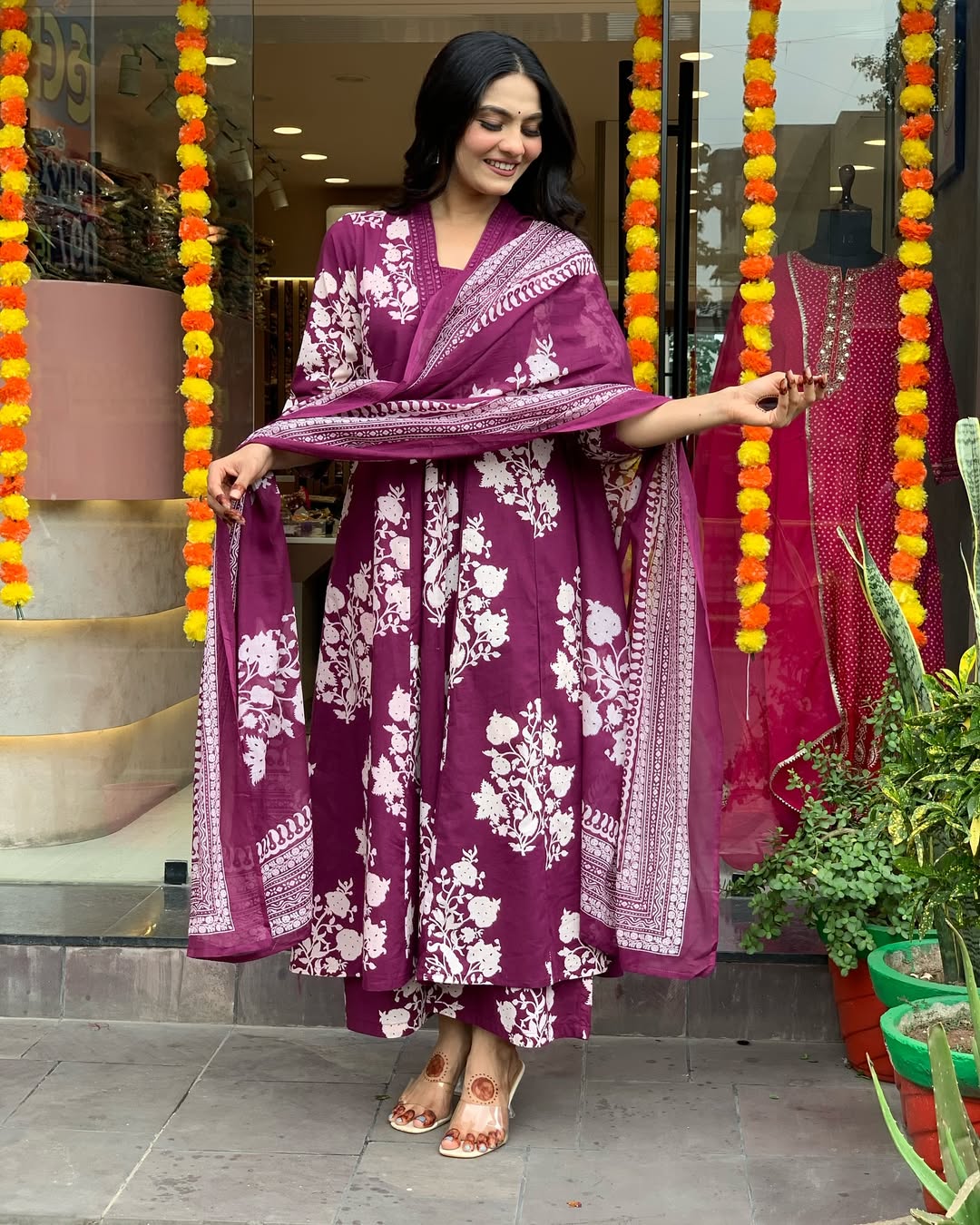 Jaipur Kurta Purple Cotton Printed Kurta And Pant With Mulmul Dupatta | For Women